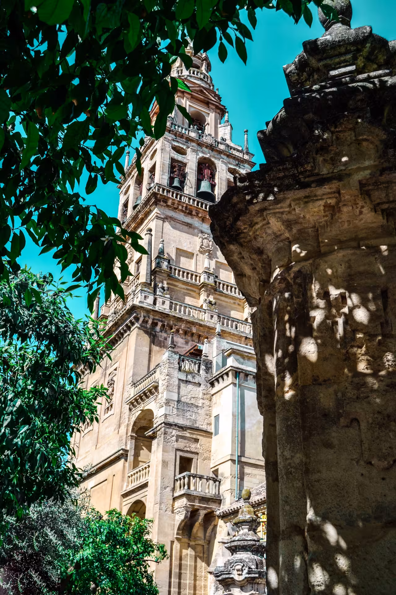 Explore the stunning bell tower of the Mosque-Cathedral of Córdoba, surrounded by lush greenery and historic architecture.