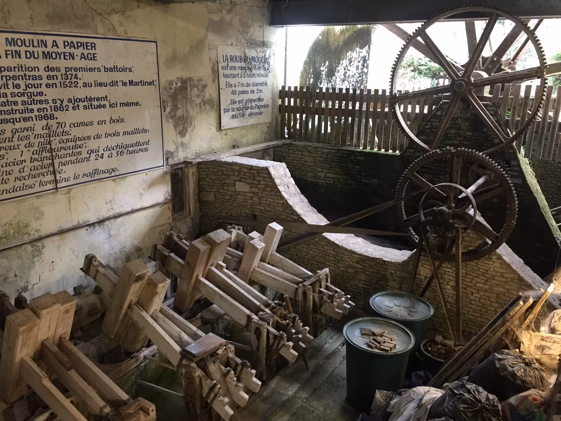 Historic Moulin à Papier waterwheel and gears in L'Isle-sur-la-Sorgue, Provence tour stop near Gordes and Roussillon