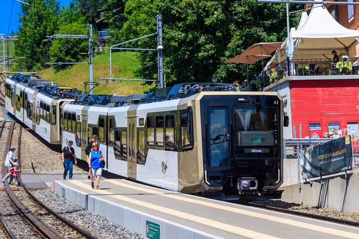 Modern train at a station on Mount Rigi, surrounded by lush greenery, popular for Swiss scenic rail journeys.