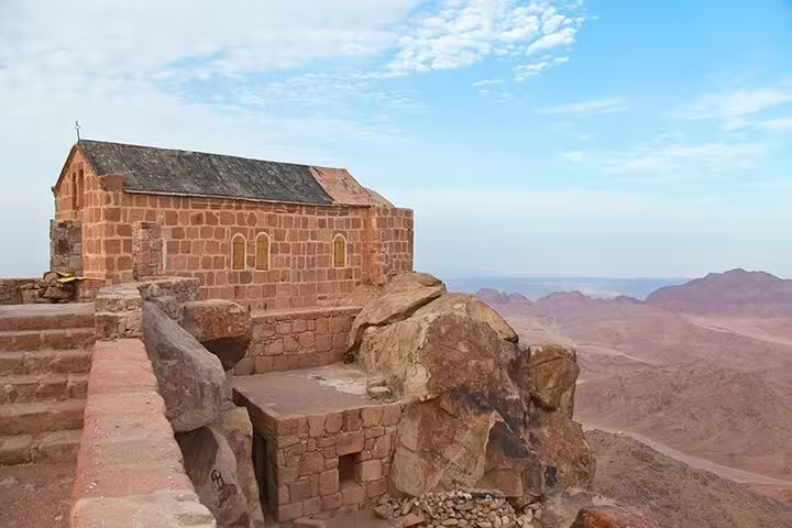 Small chapel near Mount Sinai summit overlooking Sinai desert, part of Dahab climb and Saint Catherine tour