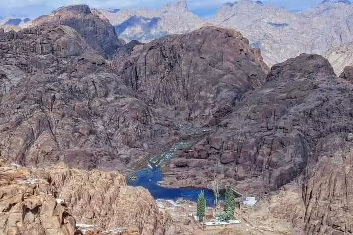 View over St Catherine valley and rugged Sinai peaks on Mount Sinai climb tour from Sharm El Sheikh