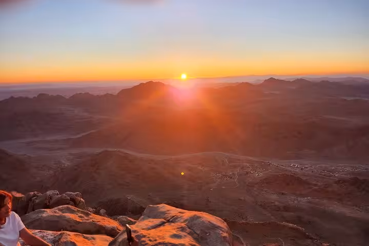 Sunrise panorama from Mount Sinai summit on St Catherine’s Monastery day trip from Sharm El Sheikh