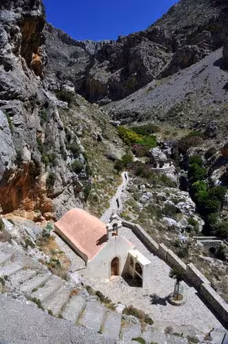Mountain chapel viewpoint above Kourtaliotiko Gorge, South Rethymno Crete, on a day in nature excursion