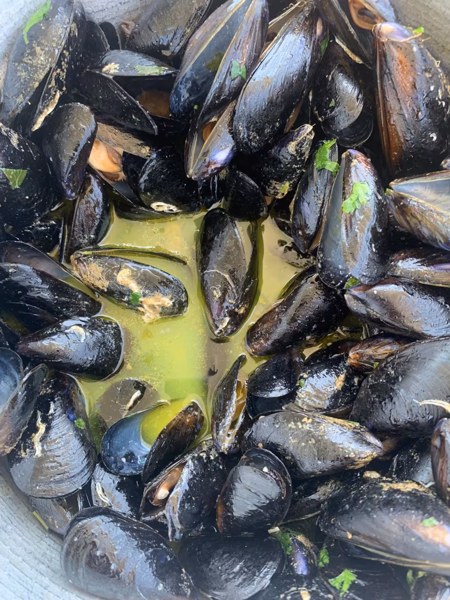 Freshly cooked mussels with herbs and broth, a culinary delight on the La Maddalena speedboat tour from Palau.