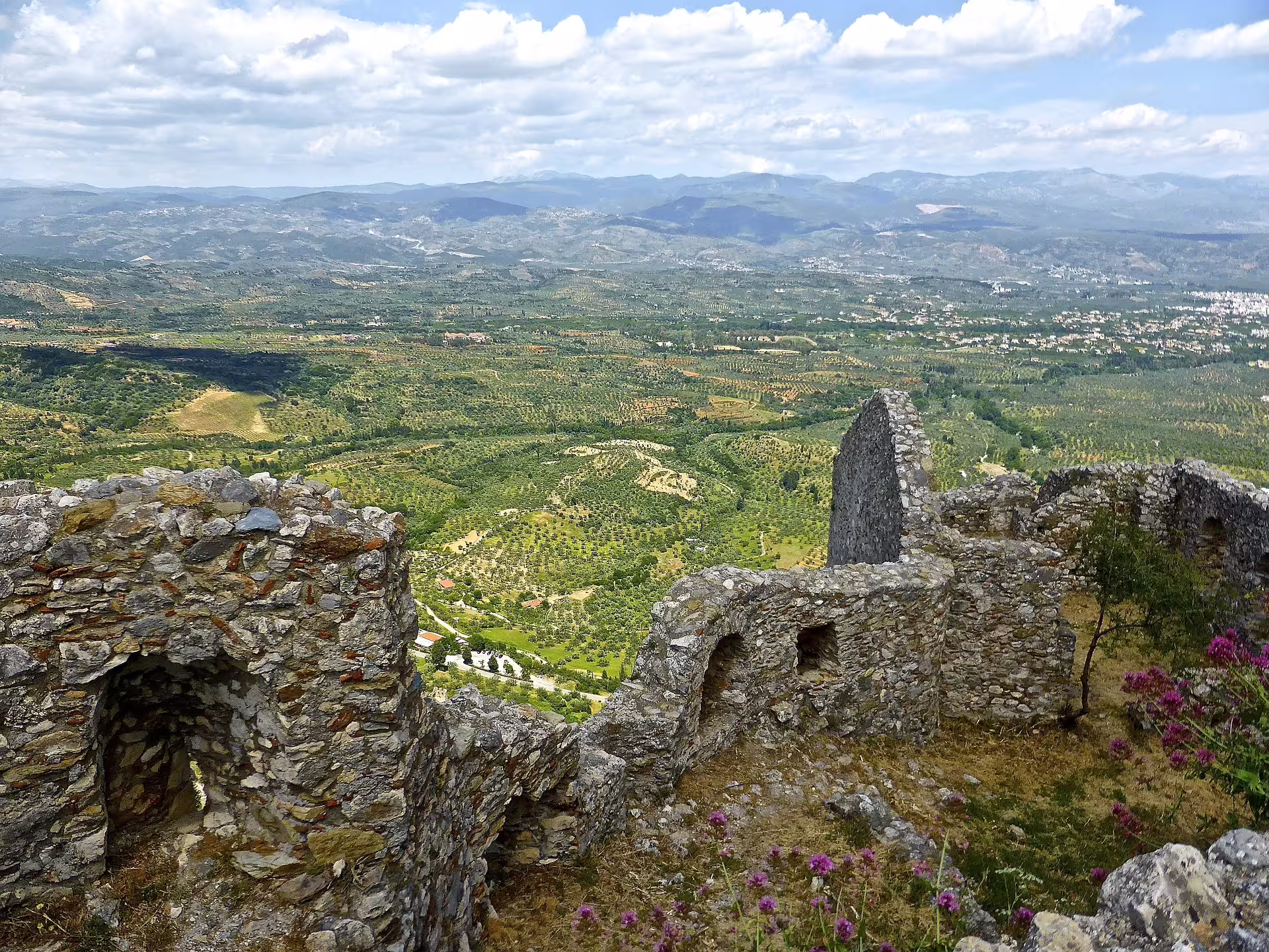 Panoramic view from Mystras castle ruins over Laconia valley on 2-day private Sparta and Monemvasia tour