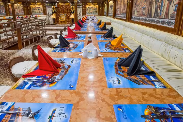 Elegant dining area on Nefertari cruise Marsa Alam with set tables for lunch or dinner included