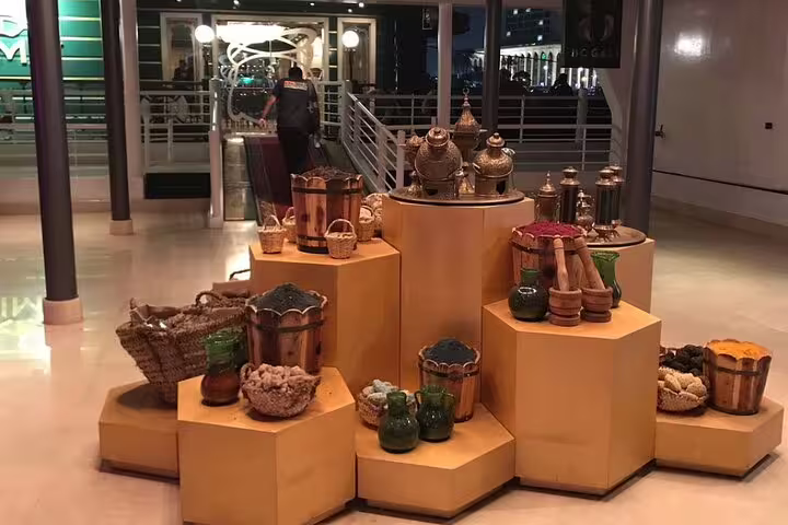 Traditional Egyptian decor display inside Nile Maxim Cruise in Cairo before luxury Nile dinner cruise and show