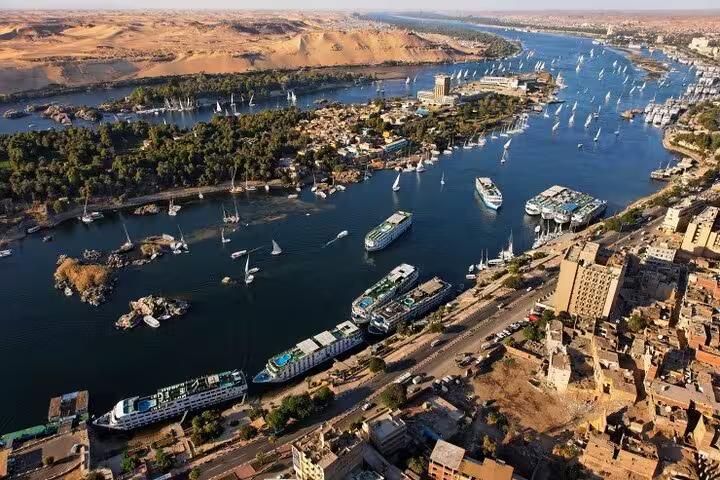 Aerial view of Nile River in Luxor with cruise boats, start of VIP Dahabiya cruise to Aswan 5 days