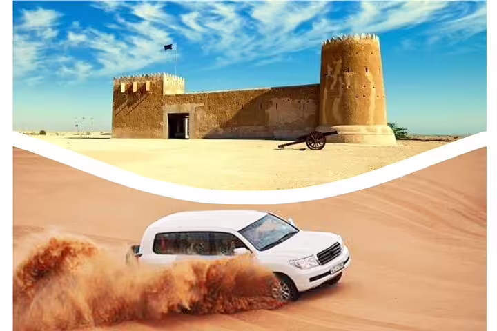 Historic fortress and thrilling desert safari with a 4x4 vehicle in North Qatar, highlighting heritage and adventure tours.