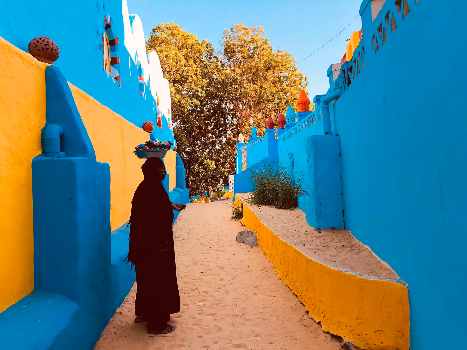 Colorful Nubian village street in Aswan with blue and yellow houses, part of 8-day 5-star Egypt tour