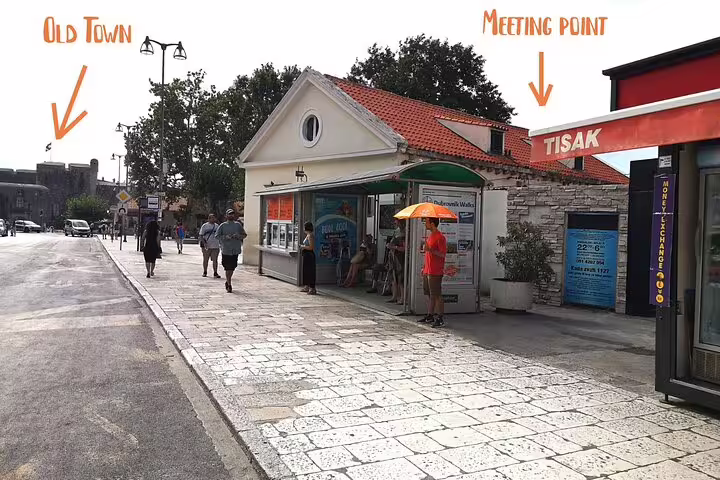 Meeting point kiosk near Old Town gate for private walking tour, Tisak shop on Dubrovnik street