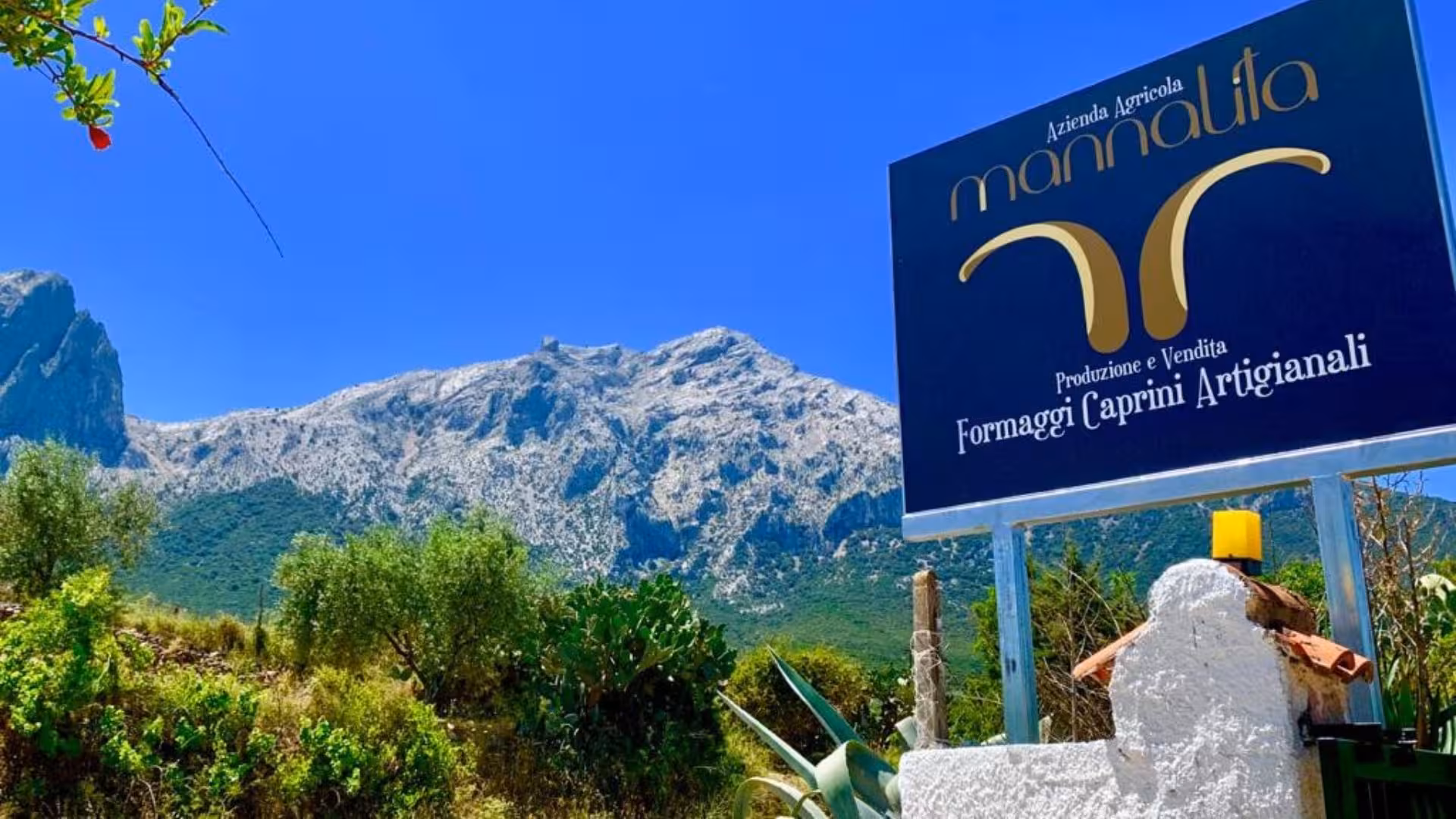 Azienda Agricola sign with mountain backdrop, marking the start of an Oliena goat cheese tasting tour.