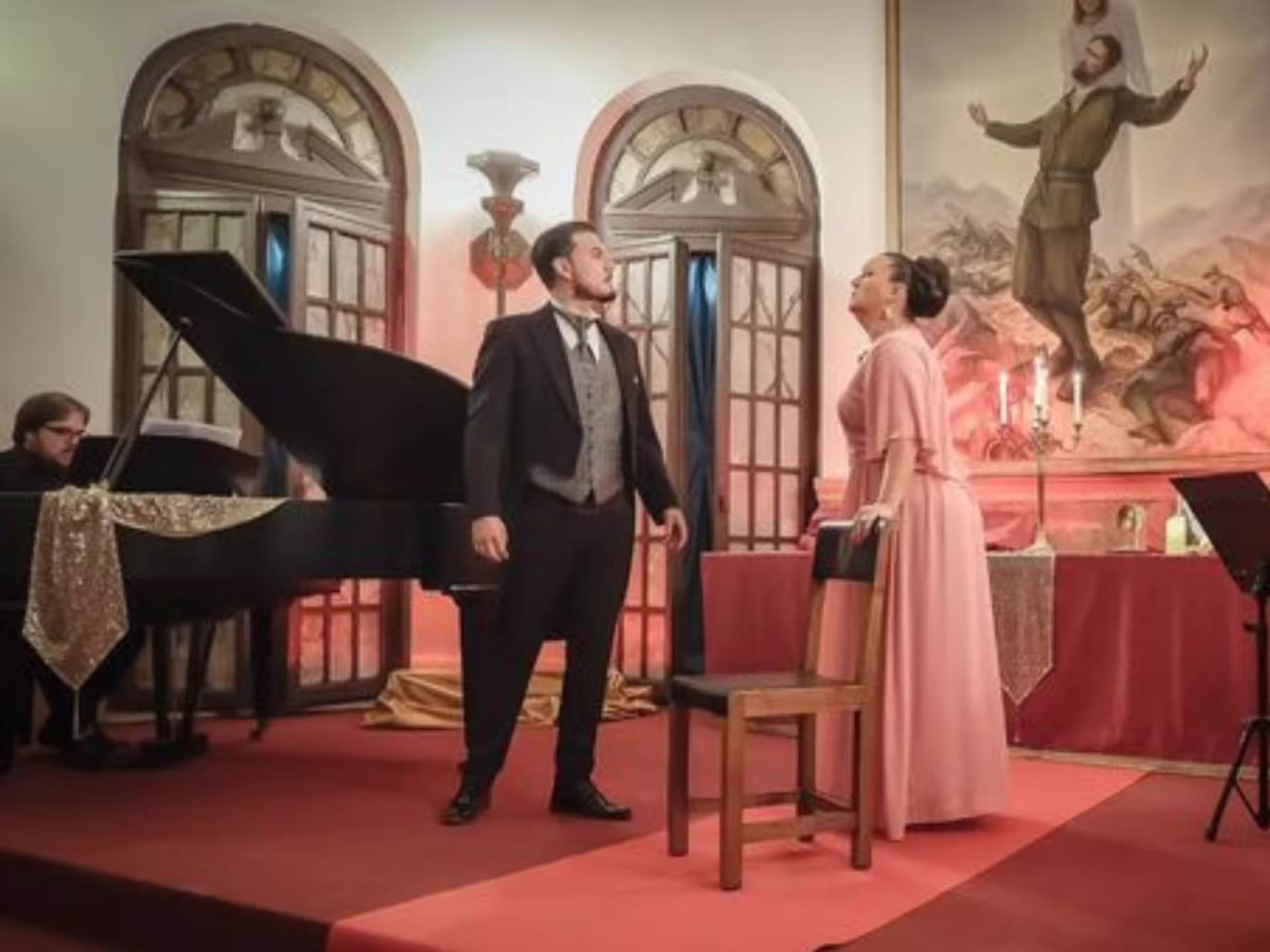 Opera singers performing at Verona Palace with grand piano and elegant decor, perfect for a Prosecco evening.