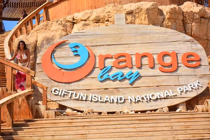 Orange Bay Giftun Island National Park sign, stop on Hurghada VIP cruise with snorkeling and water sports