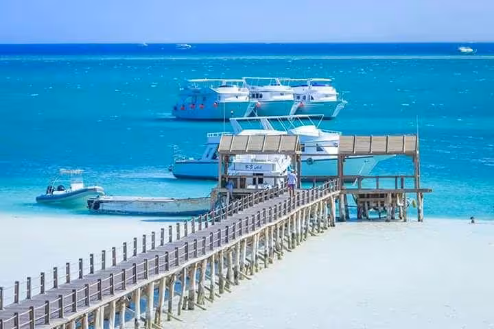 Pier and boats at Orange Bay Hurghada, Red Sea island tour departure point for snorkeling and beach day