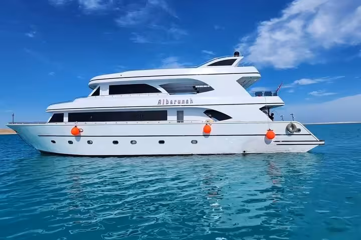 Luxury yacht on clear Red Sea water for Orange Bay VIP cruise from Hurghada with snorkeling and water sports