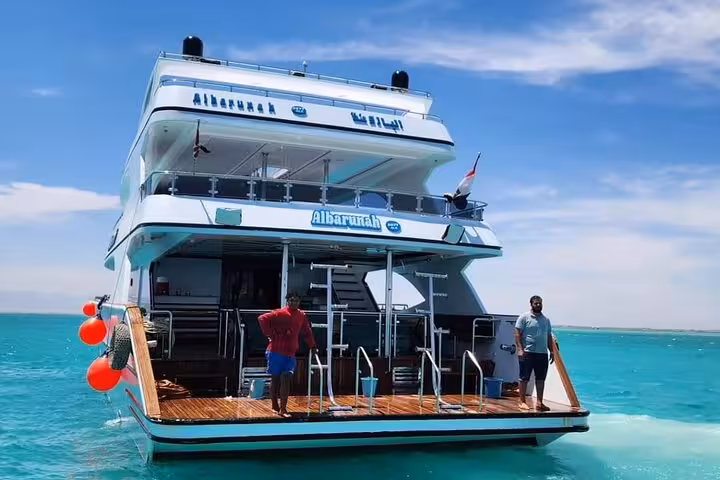 VIP cruise boat in Hurghada marina waters for Orange Bay snorkeling and water sports day trip