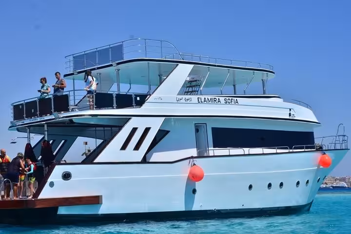 VIP yacht in Hurghada marina for Orange Bay cruise, Red Sea snorkeling trip and water sports adventure
