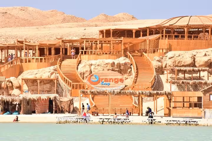Orange Bay Island beach club in Hurghada, stop on private speedboat trip with snorkeling in Red Sea