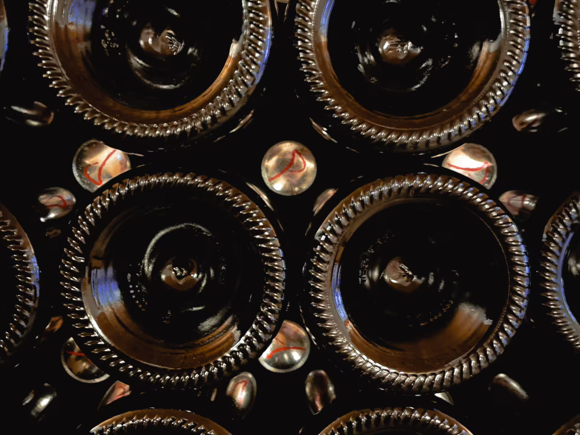 Close-up of wine bottle bases in cellar rack, organic Pavia winery visit with guided tasting and local food pairing