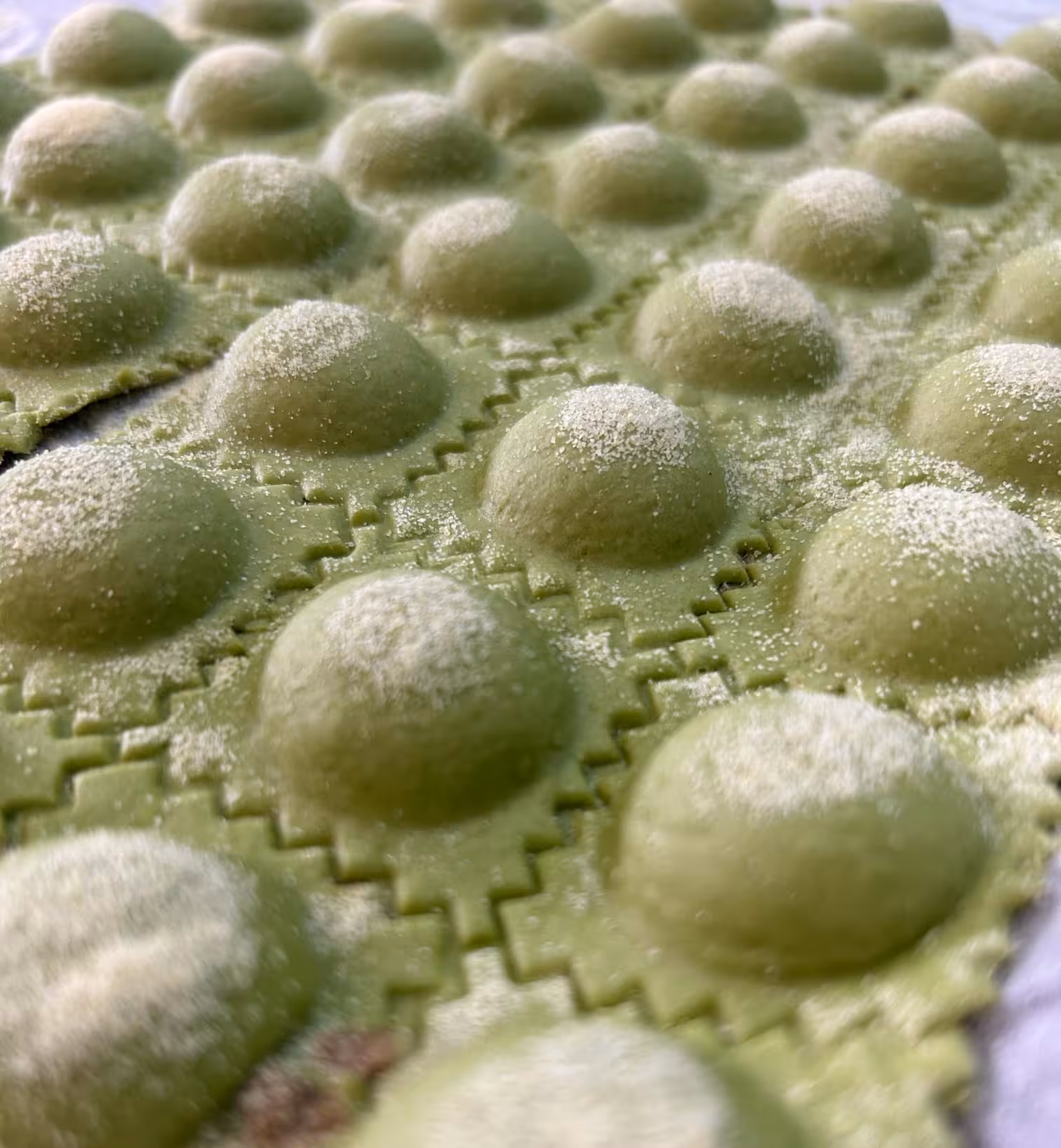 Rows of freshly made ravioli dusted with flour, highlighting the artisanal pasta-making process in Oristano workshop.