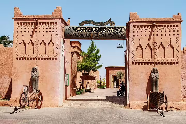 Ouarzazate Cinema Museum gate stop on private 6-day desert tour from Casablanca to Marrakech