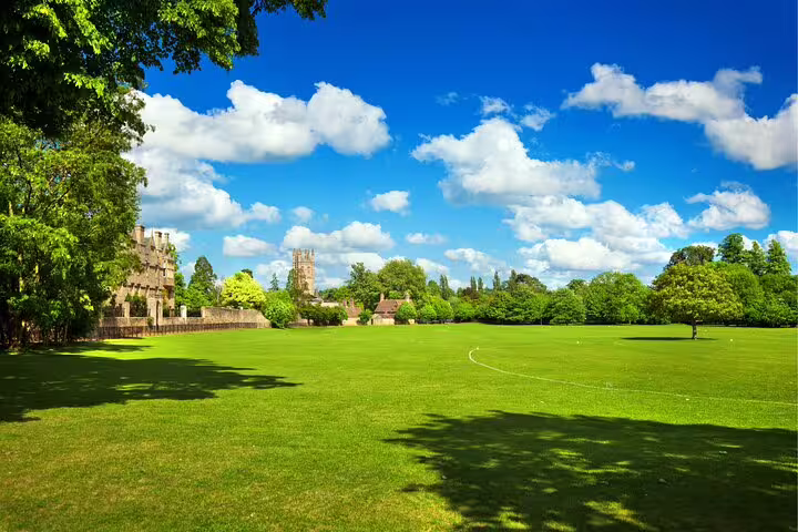 Sunny Oxford college meadow and skyline, ideal stop on a self-guided scavenger hunt highlights tour