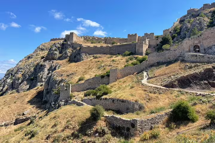 Palamidi Fortress walls above Nafplio, a scenic stop on the Corinth Canal and wine tasting experience in Greece