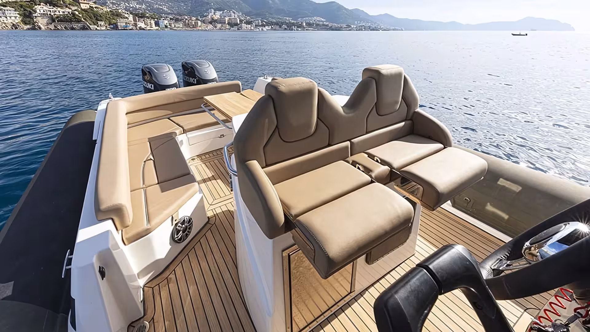 Experience luxury seating on a dinghy tour exploring the beautiful coastline of La Maddalena from Palau.