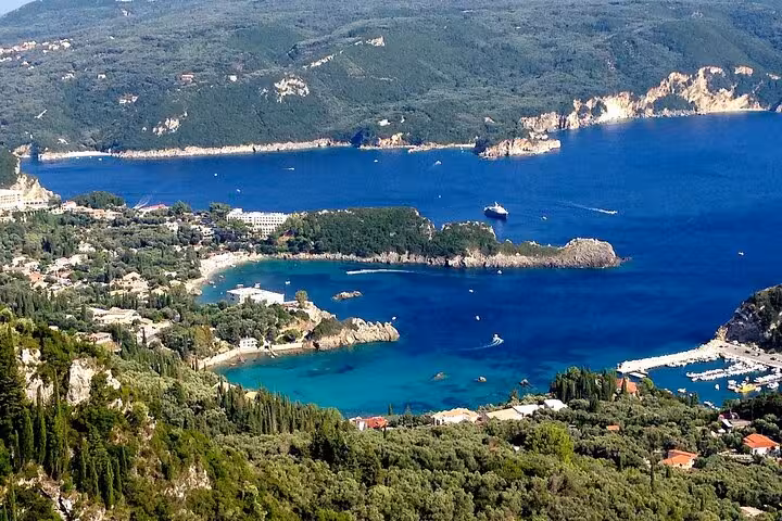Panoramic Paleokastritsa bay in Corfu, turquoise coves and coastline on a private guided shore excursion