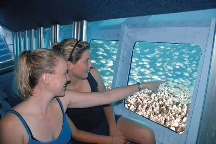 Tourists spotting tropical fish and coral from panorama semi submarine cabin on Hurghada Red Sea trip