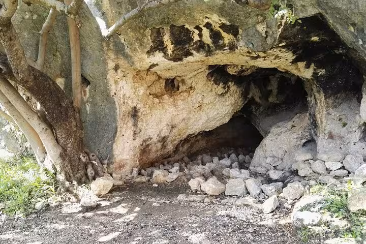 Ancient cave entrance surrounded by trees and rocks in Pantalica, highlighting the region's rich historical heritage.