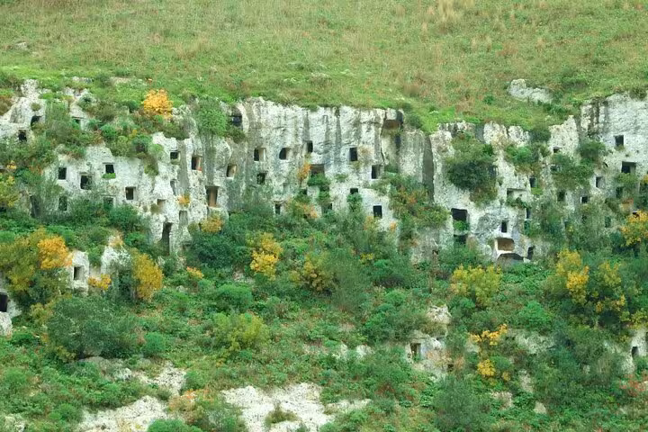 Marvel at the ancient rock-cut tombs nestled in the lush, verdant hills of Pantalica during a full day tour in Sicily.