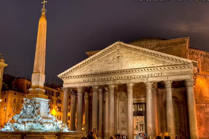 Pantheon and obelisk fountain beautifully lit at dusk on a Best of Rome by Night private chauffeured sightseeing tour