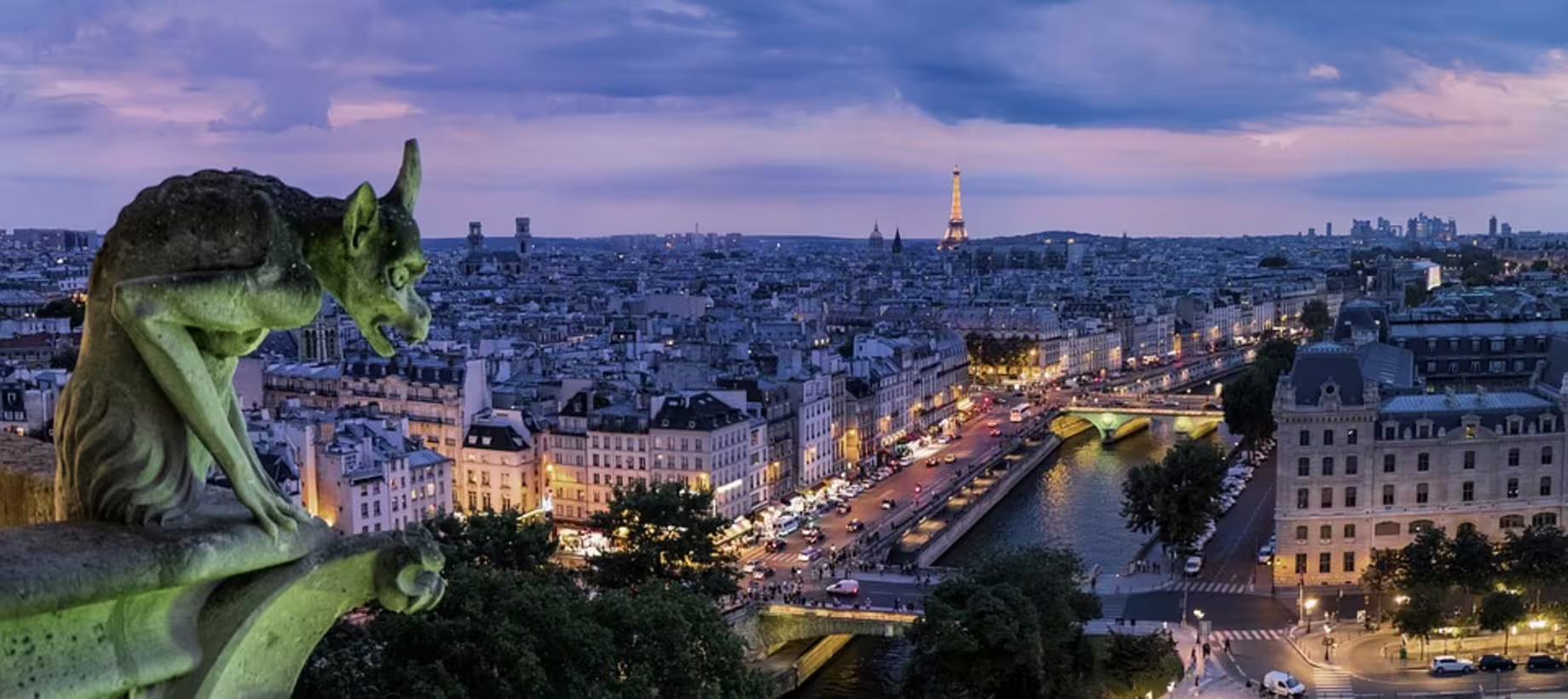 Twilight Paris panorama from Montmartre with gargoyle and Eiffel Tower, self-guided audio walking tour