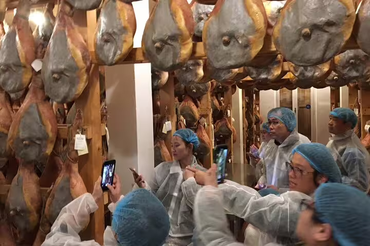 Visitors in protective gear explore a Parma ham cellar, capturing photos of hanging cured meats during the tour.
