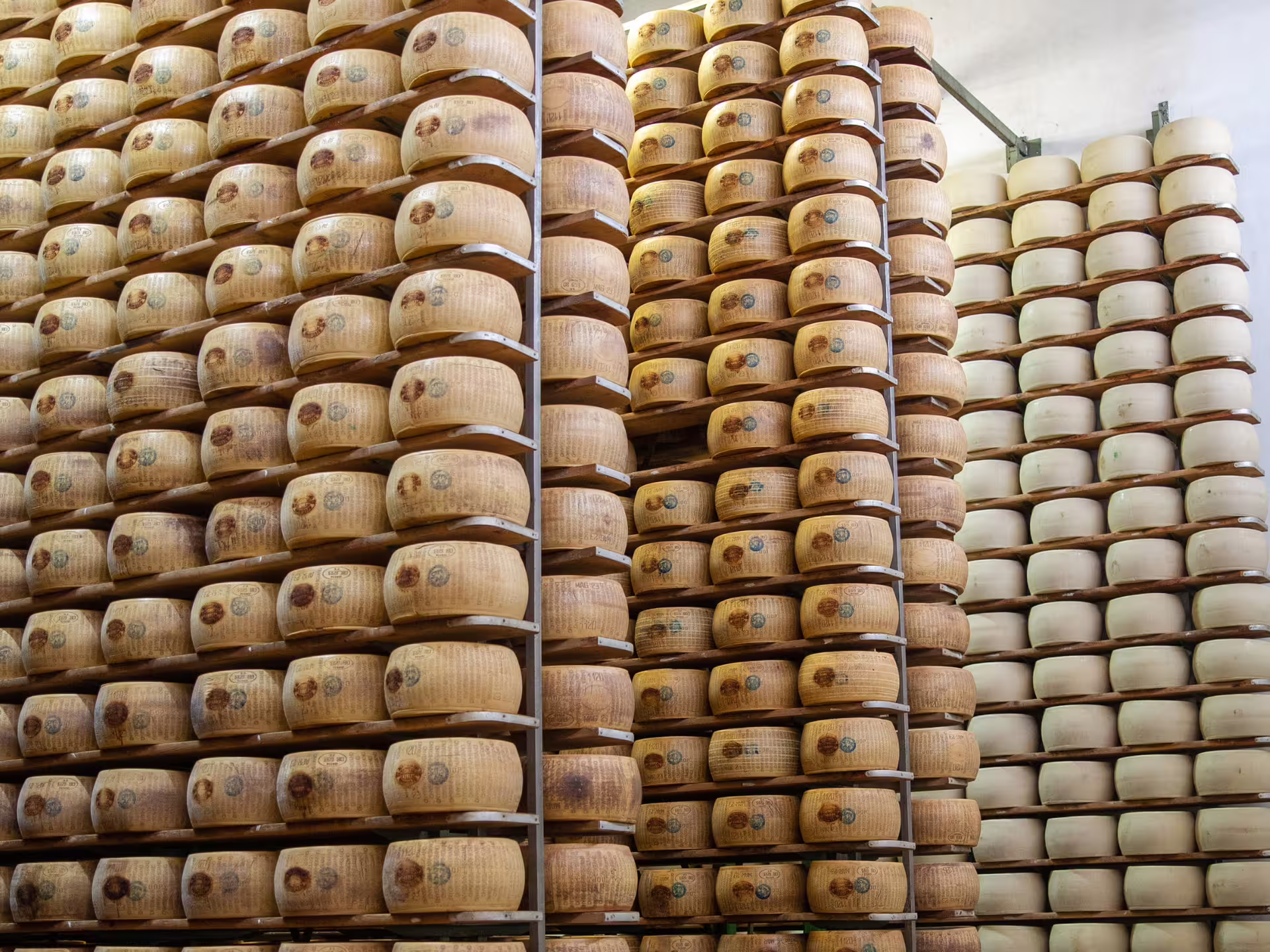 Aging room stacked with Parmigiano Reggiano wheels on racks during a Parmesan factory tour near Modena