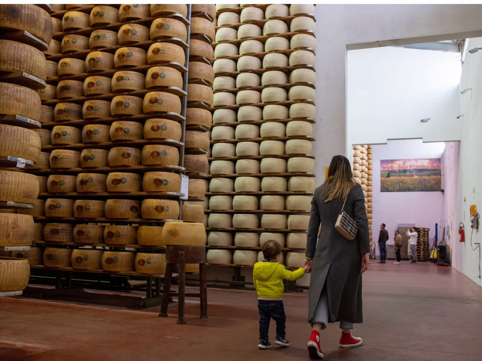 Visitors walk through Parmigiano Reggiano aging room on Parmesan cheese factory tour near Modena, Italy