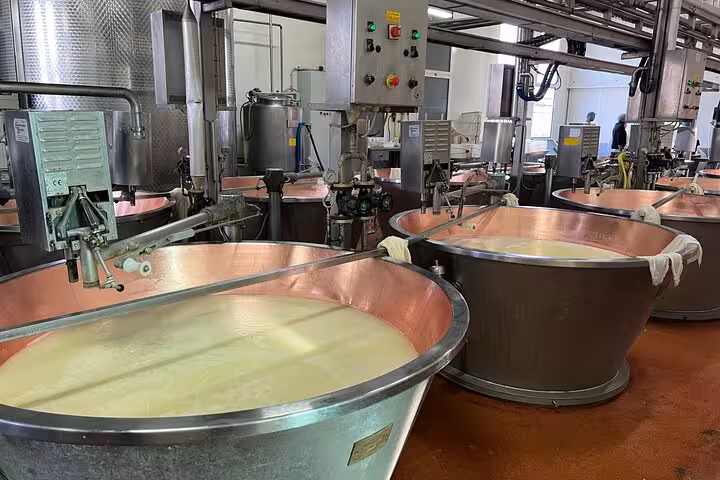 Large copper vats in an Italian dairy, showcasing the Parmigiano Reggiano cheese-making process on the Taste Tour.