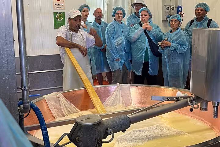 Visitors in blue coats watching cheese-making during a Parmigiano Reggiano tour, highlighting artisanal craftsmanship.