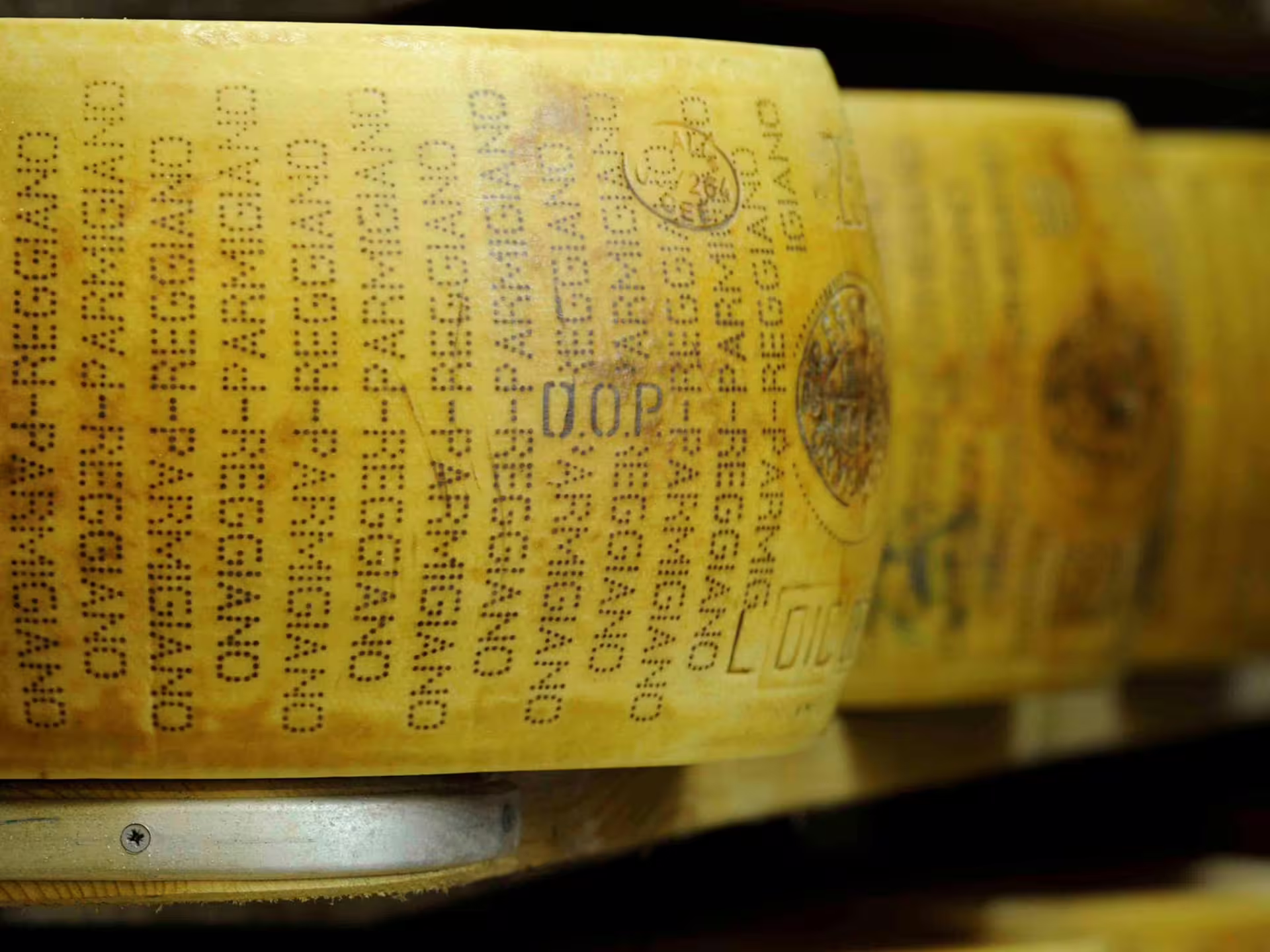 Close-up of Parmigiano Reggiano wheels aging in a Parma factory, highlighting artisanal cheese craftsmanship.