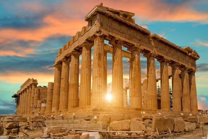 Parthenon on the Acropolis at sunset, featured on an Athens and Cape Sounion full-day private tour with meal