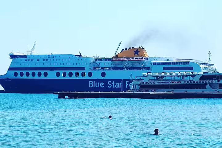 Ferry at Port of Patras on calm sea, meet-and-greet pickup for private transfer to Athens city hotels