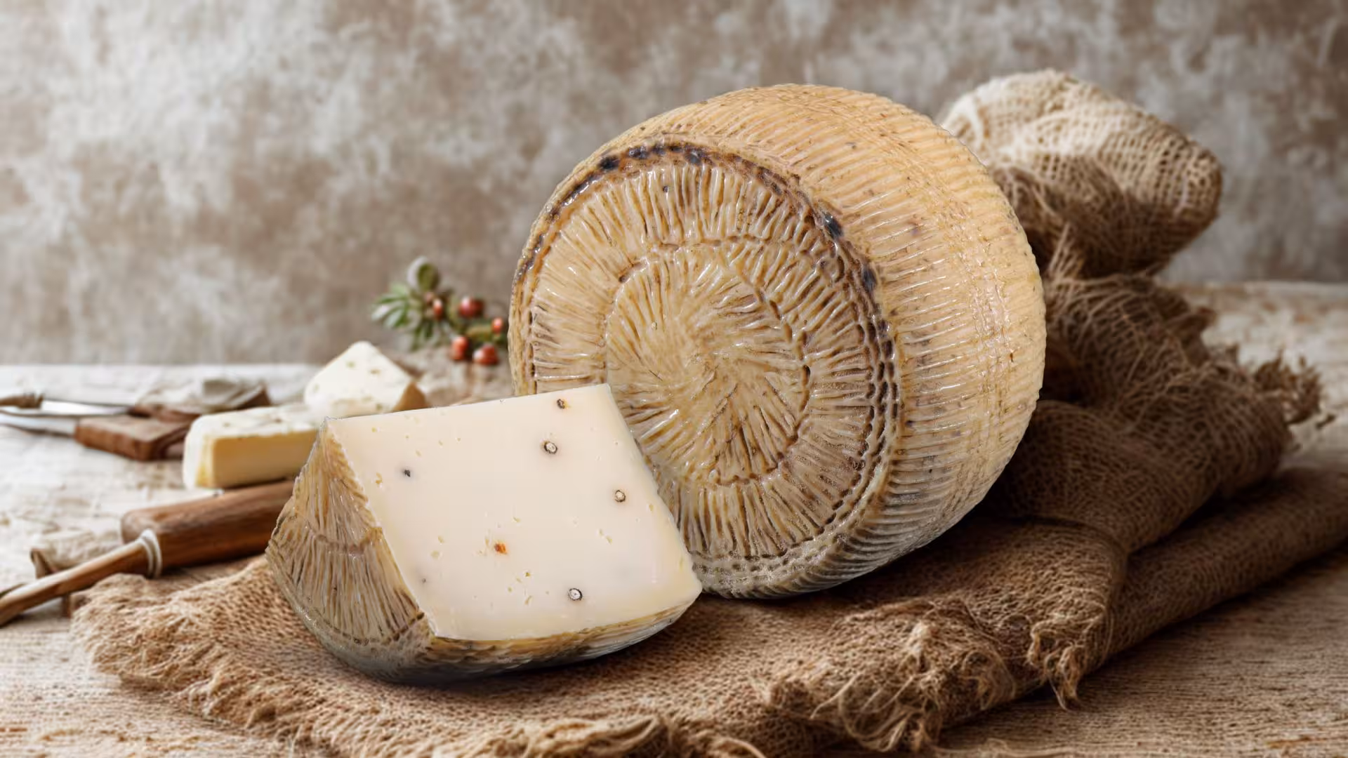 Aged wheel of artisanal cheese on burlap at Pattada cheese factory for tasting tour in Sardinia.