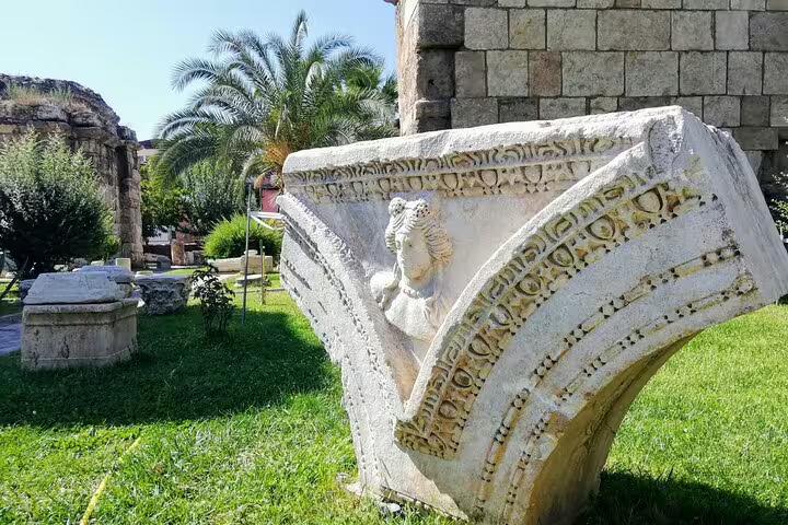 Carved marble architectural fragment at Pergamon archaeological site, part of Seven Churches of Asia Minor tour