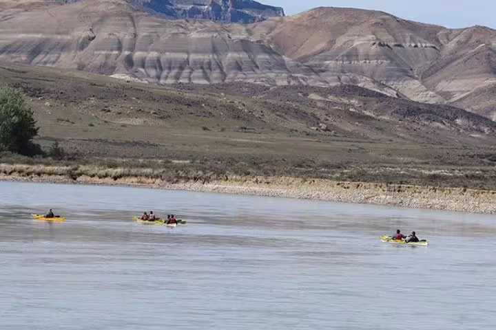 Groups of kayakers navigate tranquil La Leona River surrounded by rugged landscapes in El Calafate full-day tour.