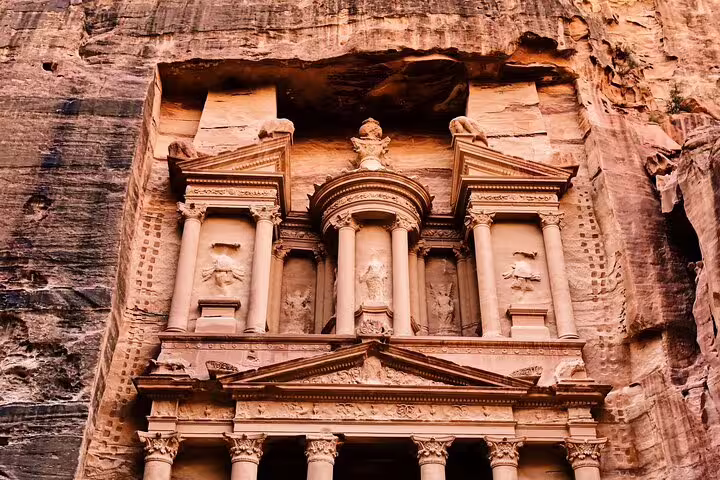 Close-up of Petra Monastery Ad Deir carved facade, highlight of Petra tour from Taba by ferry boat