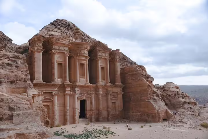 Petra Monastery Ad Deir carved sandstone facade in Jordan, highlight of Petra tour from Taba by ferry boat