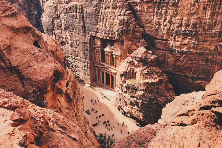 Aerial view of Petra Treasury Al-Khazneh on a Petra tour from Sharm by cruise, Jordan day trip