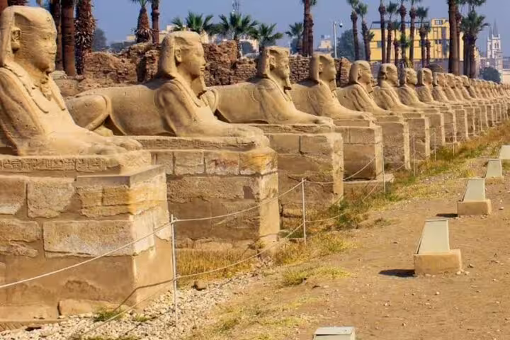 Row of ancient sphinx statues on the Avenue of Sphinxes, highlight of Pharaonic Village private tour Cairo